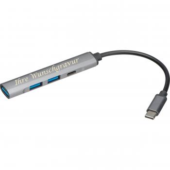 USB Hub aus recyceltem Aluminium mit Gravur / 1x USB-C und 3x USB