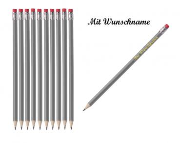 10 Bleistifte mit Radierer - HB - Farbe: lackiert grau - mit Namensgravur