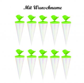 10 Deko Schultüten mit Namensgravur - 12cm - Farbe: rose' mit grünen Krepp