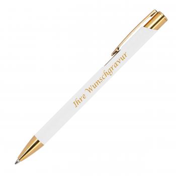 10 Kugelschreiber aus Metall mit Gravur / goldene Applikationen / Farbe: weiß