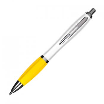 10 Kugelschreiber mit Gravur / aus Kunststoff / Farbe: weiß-gelb