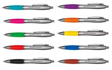 10 Kugelschreiber mit Gravur / mit satiniertem Gehäuse / 10 verschiedene Farben