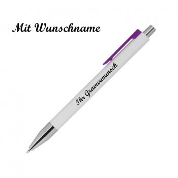 10 Kugelschreiber mit Namensgravur - Farbe: weiß mit lila Clip