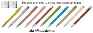 10 Kugelschreiber mit Namensgravur / je 10 schwarze + blaue Minen / 10 Farben