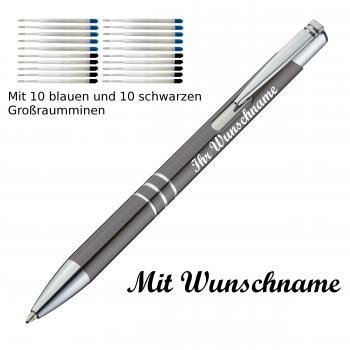 10 Kugelschreiber mit Namensgravur / je 10 schwarze + blaue Minen / anthrazit