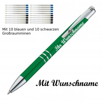 10 Kugelschreiber mit Namensgravur / je 10 schwarze + blaue Minen / grün