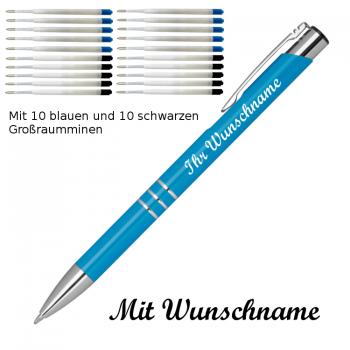 10 Kugelschreiber mit Namensgravur / je 10 schwarze + blaue Minen / hellblau