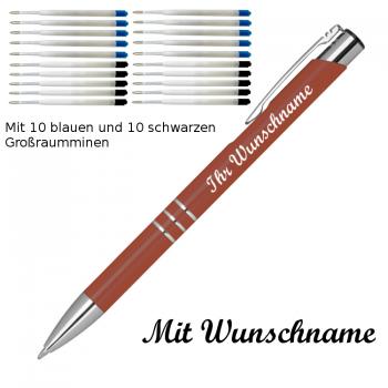 10 Kugelschreiber mit Namensgravur / je 10 schwarze + blaue Minen / kupfer