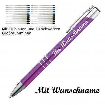 10 Kugelschreiber mit Namensgravur / je 10 schwarze + blaue Minen / lila