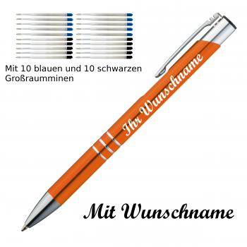 10 Kugelschreiber mit Namensgravur / je 10 schwarze + blaue Minen / orange