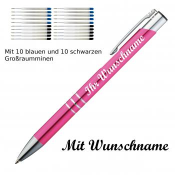 10 Kugelschreiber mit Namensgravur / je 10 schwarze + blaue Minen / pink