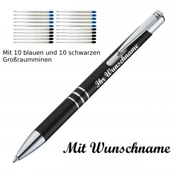 10 Kugelschreiber mit Namensgravur / je 10 schwarze + blaue Minen / schwarz