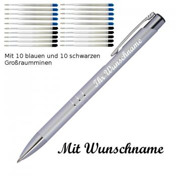 10 Kugelschreiber mit Namensgravur / je 10 schwarze + blaue Minen / silber