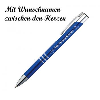 10 Kugelschreiber mit Namensgravur "Herzen" - aus Metall - Farbe: blau