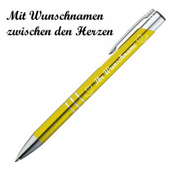 10 Kugelschreiber mit Namensgravur "Herzen" - aus Metall - Farbe: gelb