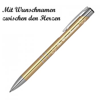 10 Kugelschreiber mit Namensgravur "Herzen" - aus Metall - Farbe: gold