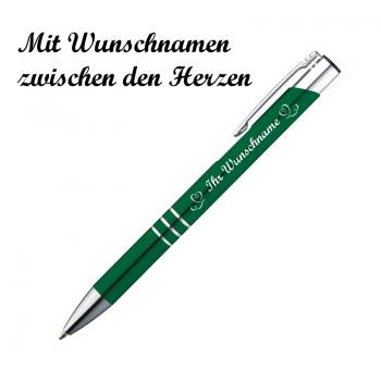 10 Kugelschreiber mit Namensgravur "Herzen" - aus Metall - Farbe: grün