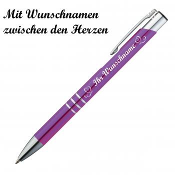 10 Kugelschreiber mit Namensgravur "Herzen" - aus Metall - Farbe: lila