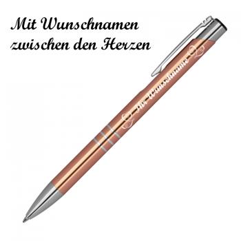 10 Kugelschreiber mit Namensgravur "Herzen" - aus Metall - Farbe: roségold
