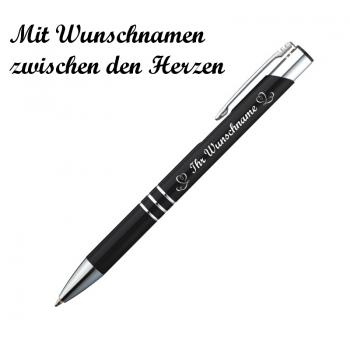 10 Kugelschreiber mit Namensgravur "Herzen" - aus Metall - Farbe: schwarz