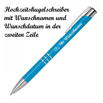 10 Kugelschreiber mit Namensgravur "Hochzeit" - aus Metall - Farbe: hellblau