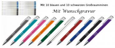 10 Metall Kugelschreiber mit Gravur / je 10 schwarze + blaue Minen / 10 Farben