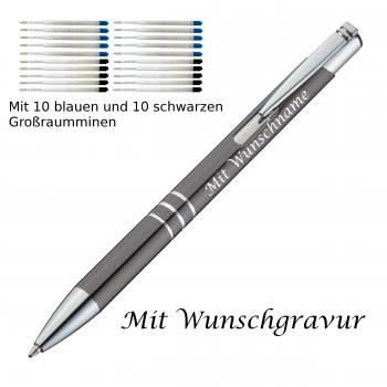 10 Metall Kugelschreiber mit Gravur / je 10 schwarze + blaue Minen / anthrazit