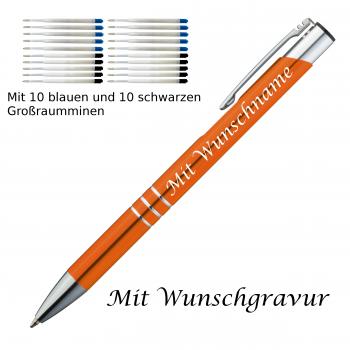 10 Metall Kugelschreiber mit Gravur / je 10 schwarze + blaue Minen / orange
