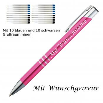 10 Metall Kugelschreiber mit Gravur / je 10 schwarze + blaue Minen / pink
