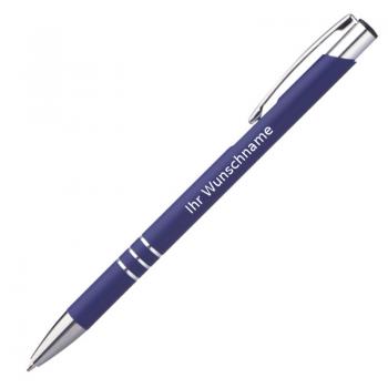 10 schlanke Kugelschreiber mit Gravur / aus Metall / Farbe: blau