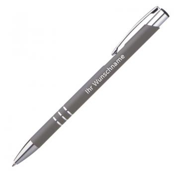 10 schlanke Kugelschreiber mit Gravur / aus Metall / Farbe: grau
