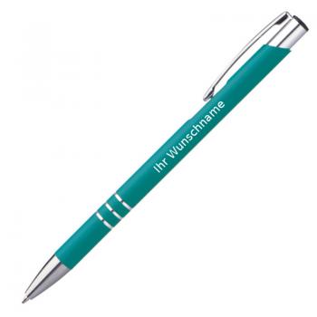 10 schlanke Kugelschreiber mit Gravur / aus Metall / Farbe: türkis