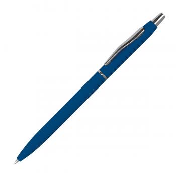 10 Schlanke Metall-Kugelschreiber mit Gravur / gummiert / Farbe: blau