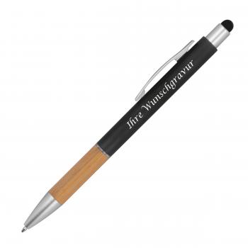 10 Touchpen Kugelschreiber mit Gravur / mit Bambusgriffzone / Farbe: schwarz