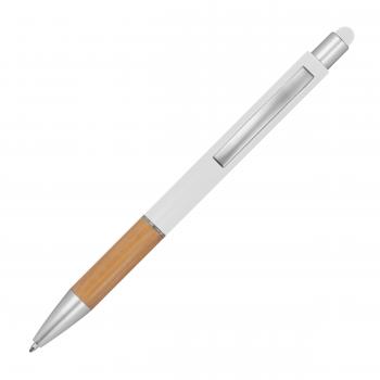 10 Touchpen Kugelschreiber mit Gravur / mit Bambusgriffzone / Farbe: weiß