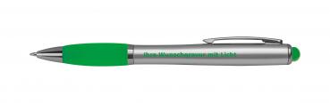 10 Touchpen Kugelschreiber mit Gravur im farbigen LED Licht / Farbe: silber-grün