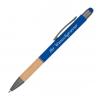 10 Touchpen Kugelschreiber mit Griffzone aus Bambus mit Gravur / Farbe: blau
