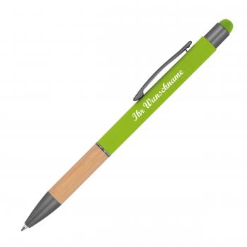 10 Touchpen Kugelschreiber mit Griffzone aus Bambus mit Namensgravur - apfelgrün