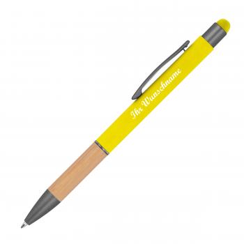 10 Touchpen Kugelschreiber mit Griffzone aus Bambus mit Namensgravur - gelb