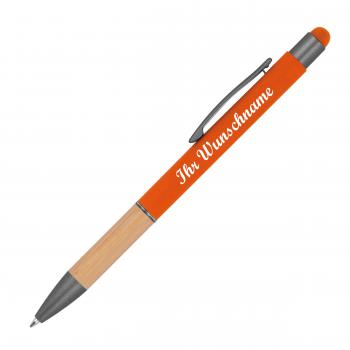 10 Touchpen Kugelschreiber mit Griffzone aus Bambus mit Namensgravur - orange
