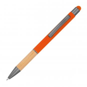 10 Touchpen Kugelschreiber mit Griffzone aus Bambus mit Namensgravur - orange