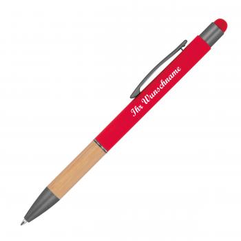 10 Touchpen Kugelschreiber mit Griffzone aus Bambus mit Namensgravur - rot