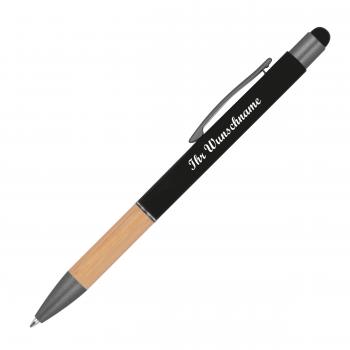 10 Touchpen Kugelschreiber mit Griffzone aus Bambus mit Namensgravur - schwarz