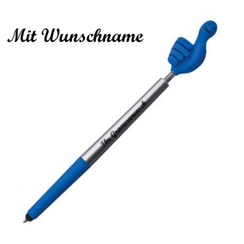 10 Touchpen Kugelschreiber mit Namensgravur - "Smile Hand" - Farbe: silber-blau