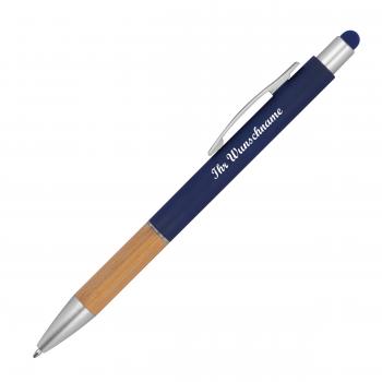 10 Touchpen Kugelschreiber mit Namensgravur - mit Bambusgriffzone - dunkelblau