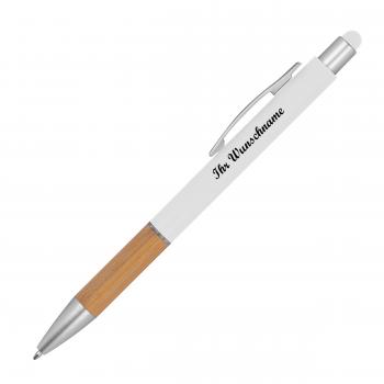 10 Touchpen Kugelschreiber mit Namensgravur - mit Bambusgriffzone - Farbe: weiß