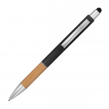 10 Touchpen Kugelschreiber mit Namensgravur - mit Bambusgriffzone - schwarz