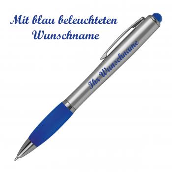 10 Touchpen Kugelschreiber mit Namensgravur im farbigen LED Licht - silber-blau