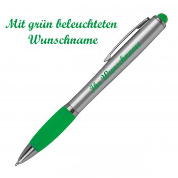 10 Touchpen Kugelschreiber mit Namensgravur im farbigen LED Licht - silber-grün