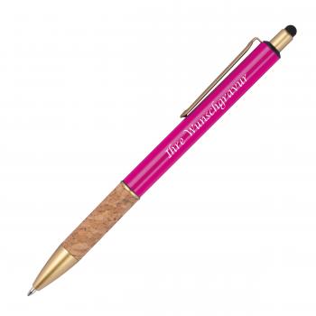 10 Touchpen Metall-Kugelschreiber mit Gravur / mit Korkgriffzone / Farbe: pink